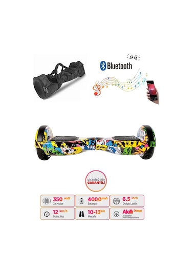 Citymate Elektrikli Kaykay Hoverboard Bluetooth Hoparlörlü 6.5 İnç Grafiti D01 +Çanta