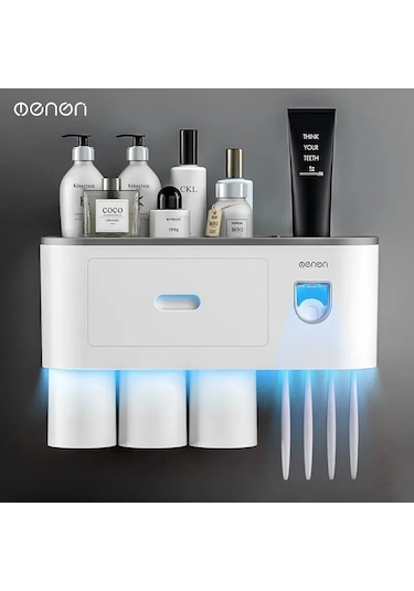 Konesam Duvar Montlu Diş Fırçası Tutucu - Süpürge Özellikli, Deliksiz Desen, Dolap Ve Bardak Seti - Çok Amaçlı Banyo Organizer Gri Diğer