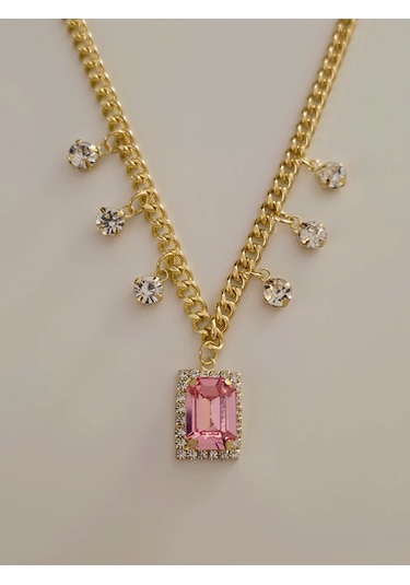 Baget Model Zirkon Taşlı Gold Pembe Renkli Çelik Kolye