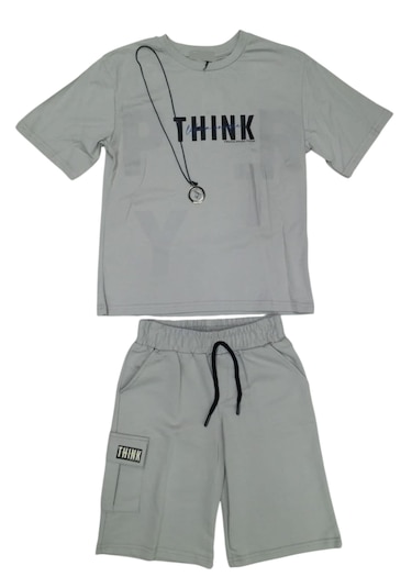 Erkek Çocuk Think Yazılı Kolyeli Gri Renk Şortlu Takım