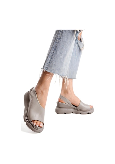 Elit Lyna Kadın Hakiki Deri Dolgu Topuk Sandalet Gri Gri
