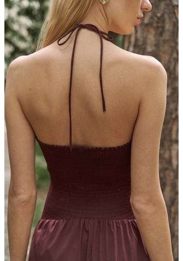 Elisa Gül Detay Bordo Uzun Elbise Bordo