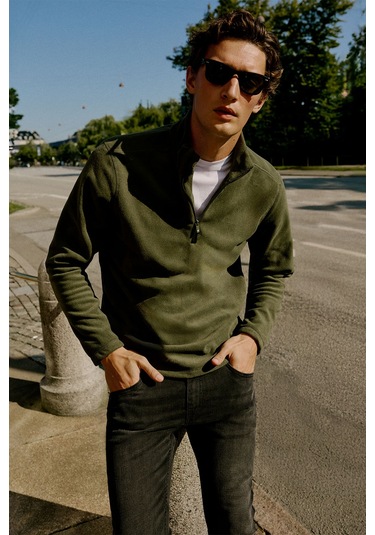 Erkek Hakı Anti-pilling Tüylenme Yapmayan Standart Fit Dik Yaka Polar Sweatshirt Haki