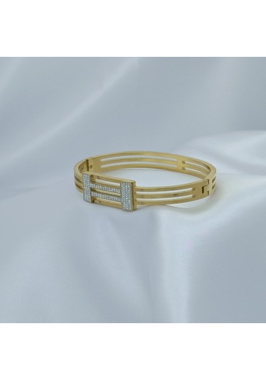 Yeni Sezon Vip Özel Seri Paslanmaz Çelik Altın Kaplama Taşlı Kelepçe Kadın Bileklik Gold