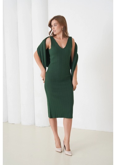 Kadın Bisiklet Yaka Dokulu Kazak Elbise İkili Triko Takım