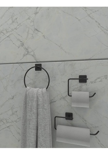 Banyo Yapışkanlı Siyah Kare Topuz Havluluk Ve Kare Tuvalet Kağıtlık Kare Peçetelik Seti Düzenleyici Siyah