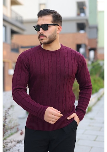 Erkek Örgü Desen Bisiklet Yaka Kazak Mürdüm