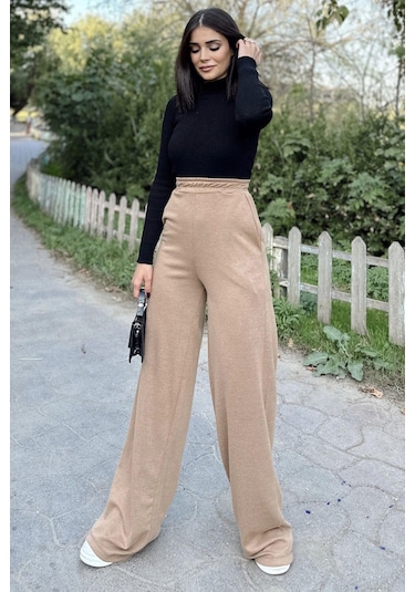 Kadın Camel Beli Lastikli, Cepli Örme Dokuma Kumaş, Bol Paça, Salaş Pantolon Camel