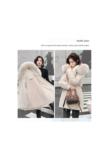 Snapbuy Kalın, Yumuşak Dolgulu, Midi Boy, Kapüşonlu, Kürk Detaylı Kadın Mont Krem