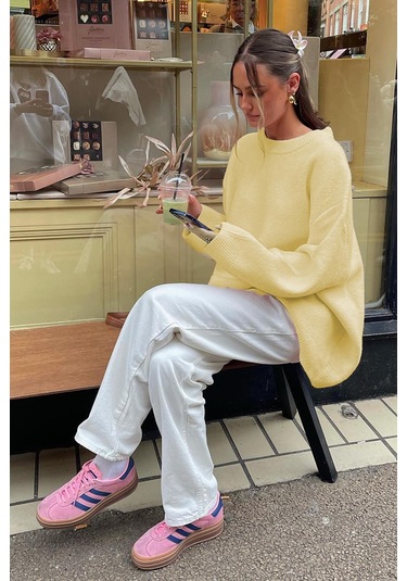 Sarı Bisiklet Yaka Oversize Triko Kazak Mg1972 Sarı