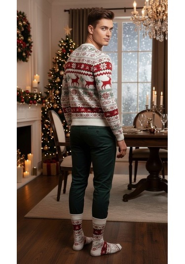 Plus Scorpion Erkek Yılbaşı Soket Çorap Pamuklu, Desenli, Sıcak Tutan Noel Temalı 40-45 Numara Beyaz - Kırmızı