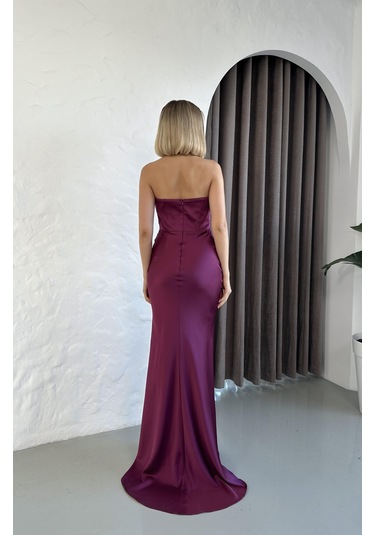 Straplez Saten Uzun Mürdüm Abiye Mürdüm