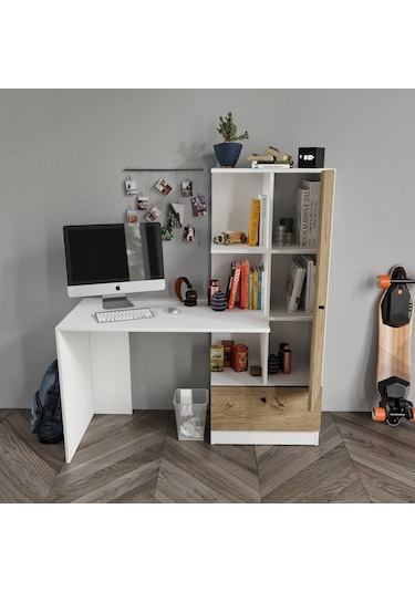 Merlin Mobilya Minör Çalışma Masası Ve 7 Bölmeli Kitaplık Meşe Beyaz - Meşe