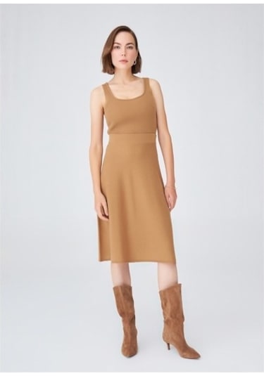 Peraluna Krop Fit Kadın Triko Atlet Camel Camel