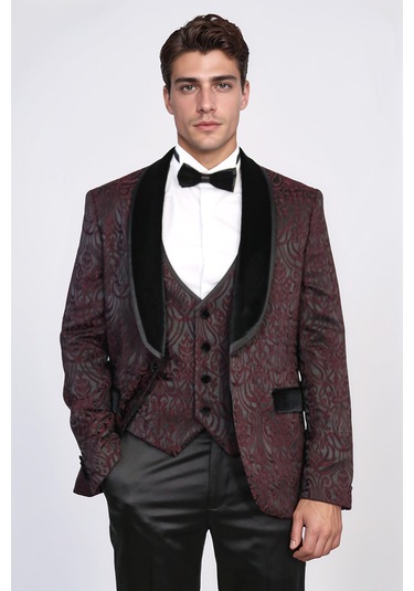 Barok Desenli Kadife Şal Yaka Yelekli Bordo Smokin - Wessi Bordo