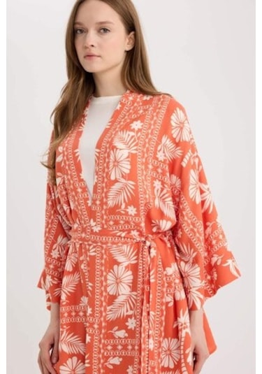 DeFacto 	Relax Fit Desenli Kuşaklı Kimono D5443AX25SPOG269 Turuncu