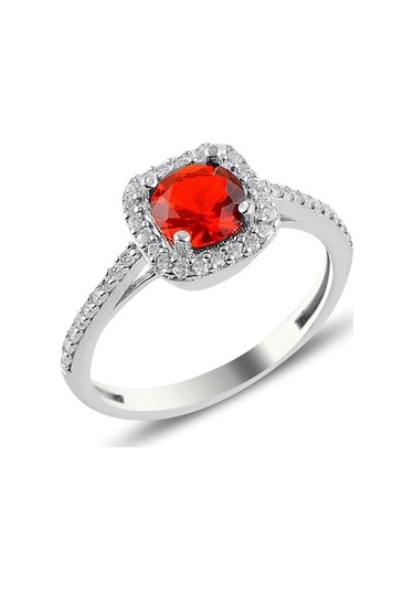 Gümüş Rodyumlu Kırmızı Taşlı Kare Yüzük