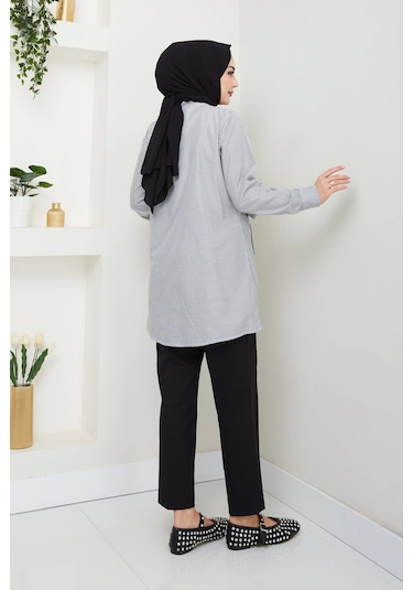 Çizgili Poplin Bağlamalı Gömlek - Siyah / Ü103 Siyah