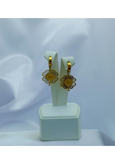 Yeni Sezon Paslanmaz Çelik Çeyrekli Yonca Model Taş'lı Altın Kaplama Küpe Gold