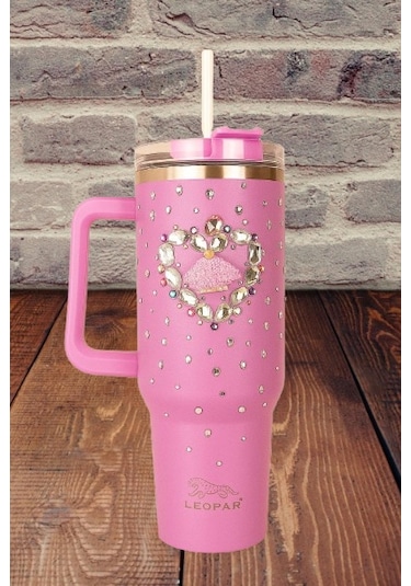 Pipetli 1,2 Litre Kulplu Çelik Termos Renkli Üzeri Taş İşlemeli - Pembe Pembe