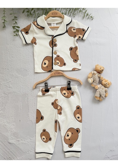 Ayıcık Baskılı Yazlık Pijama Takımı -1163 Beyaz