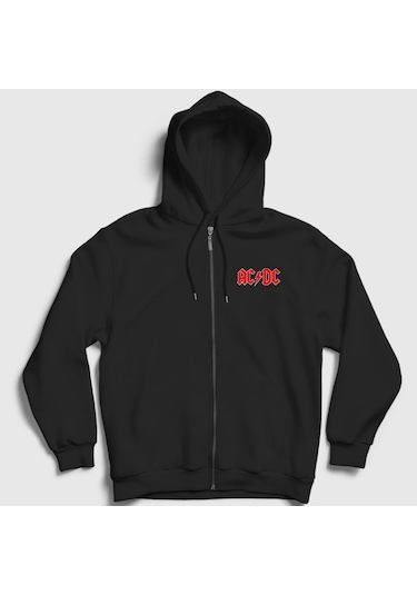 Presmono Unisex Red Ac/dc Fermuarlı Kapüşonlu Sweatshirt Siyah