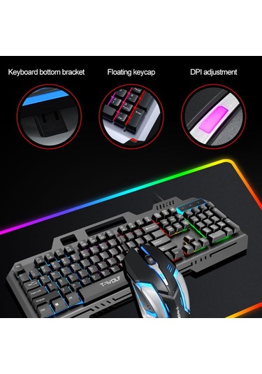 T-wolf Tf600 104 Tuşlu Kablolu Arkadan Aydınlatmalı Klavye Ve Fare Seti, Metal Panel Ve Telefon Standı İle Siyah Optik