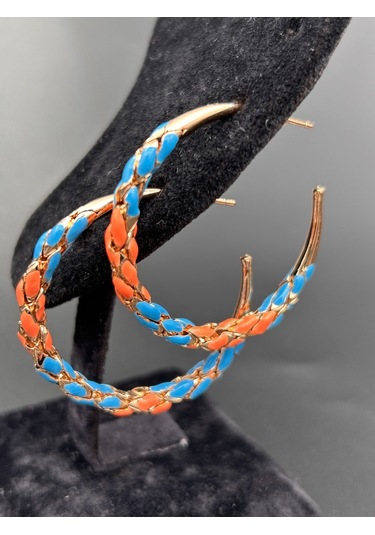 Çelik Yuvarlak Halka Mavi Turuncu Örgü Model Günlük Abiye Rose Gold Küpe