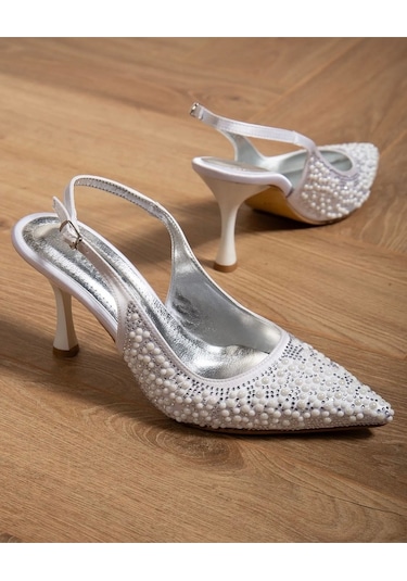 Beyaz Saten İnci Taş Arkası Açık Stiletto Beyaz