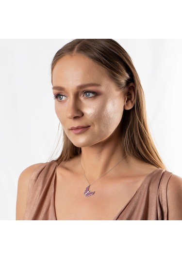 Fuşya Zirkon Taşlı Zarif Tasarım 925 Ayar Gümüş Kelebek Kolye (459601727)