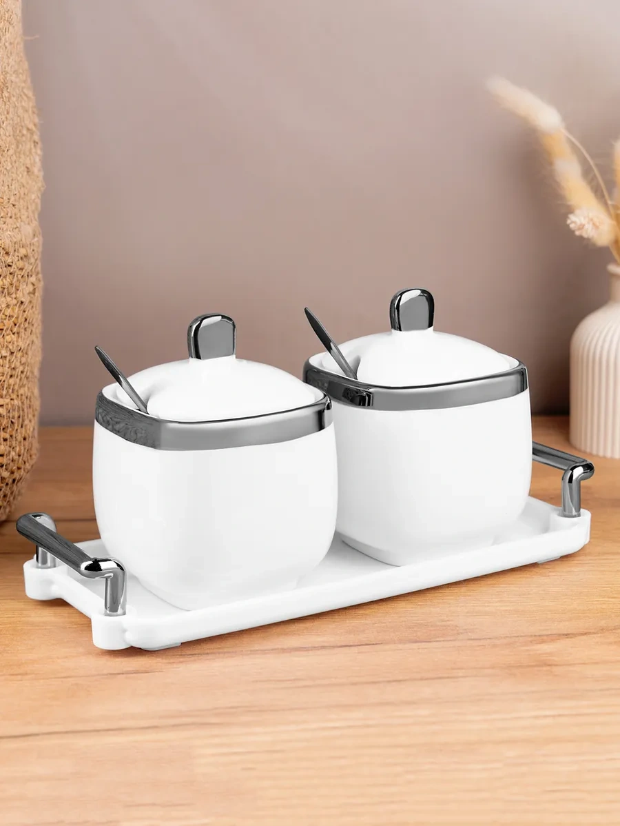 Homelabshop Seramik Kapaklı Ve Kaşıklı Şekerlik, 2 Adet 275451622 Beyaz