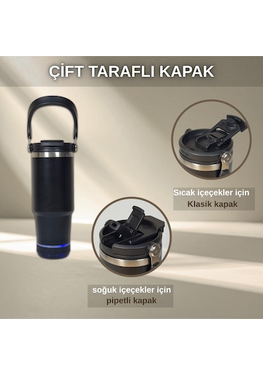 Bluetooth Hoparlörlü Paslanmaz Çelik Termos Bardak 600 Ml -pipetli ,çift Kullanımlı Kapak Siyah