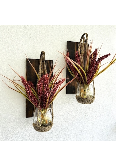 Duvar Dekoru, Led Işıklı, Kırmızı Çubuk Cipso Çiçekli, Ceviz Aplik İkili Set