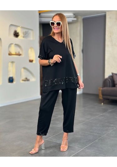 Modaserdem Kadın Kısa Kollu V Yakalı Pul Payetli Viskon Iki Iplik Bluz Ve Pantolon Ikili Takım Siyah