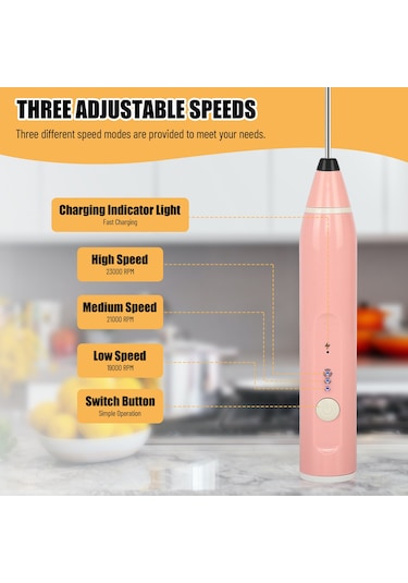 Vkemall Pembe Şarjlı Elektrikli Çırpma Makinesi: 3 Hız Ayarlı, Süt Köpürtücü Ve Karıştırıcı Pembe