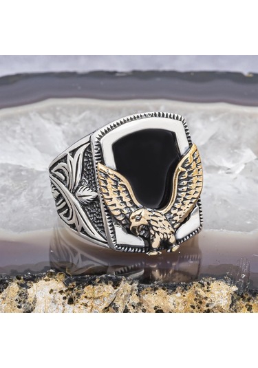 Alyans Evim Kartal Motifli Kare Siyah Oniks Taşlı 925 Gümüş Erkek Yüzük