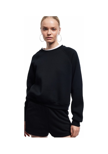 Koton Pamuklu Bisiklet Yaka Şardonlu Sweatshirt Siyah 6wal10309ık Siyah