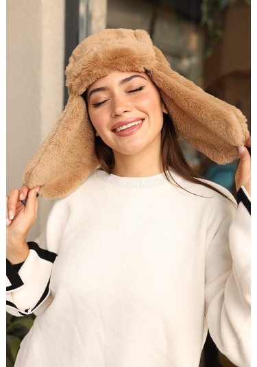 Çıtçıtlı Kürklü Kulaklıklı Peluş Bere Şapka Rkş-03 Camel Camel