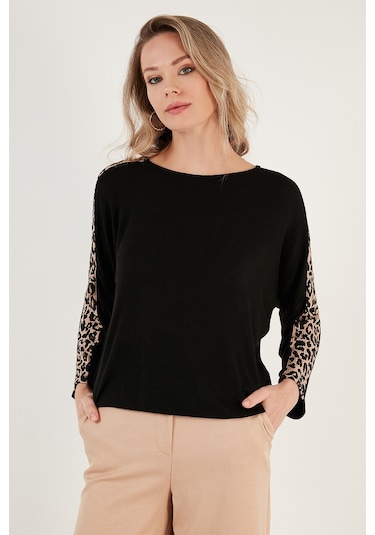 Lela Kolları Leopar Desenli Bisiklet Yaka Bayan Bluz 5863809 Siyah