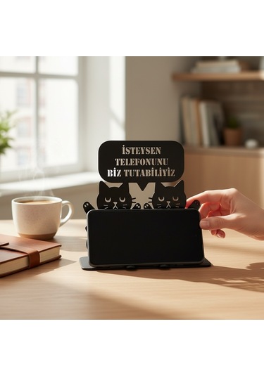 Metal Siyah Kedili Komik Tasarım Telefon Standı