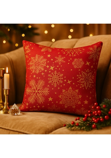Kırmızı Yılbaşı Temalı Kırlent Kılıfı Kar Tanesi Desenli, Gold Detaylı 40 40 Cm 40 x 40
