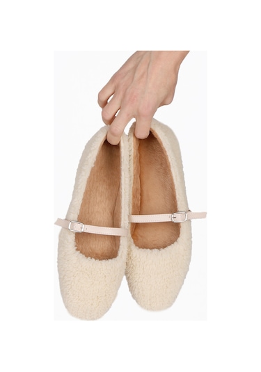 Kadın Şık Peluş Ev Ayakkabısı Babet Panduf - Krem