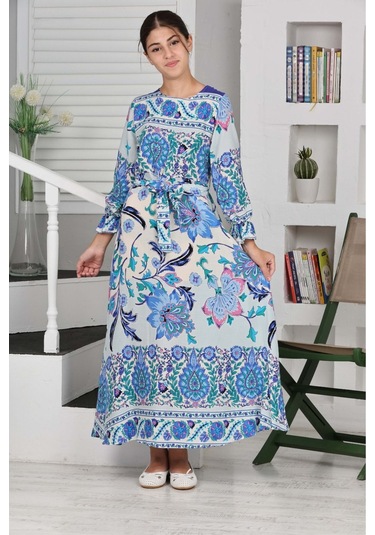 Kız Çocuk Viskon Kumaş Desenli Uzun Elbise Saks Mavi