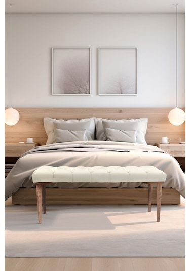 Gazzini Classic Retro Gürgen Ayak Chester Model Kapitoneli Beyaz Puf Bench - Ceviz Ayak