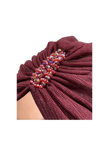 Dizayn Tüllü Kristal Taş İşlemeli Çift Taraflı Astarlı Bordo Hazır Türban Tesettür Abiye Bone Bordo