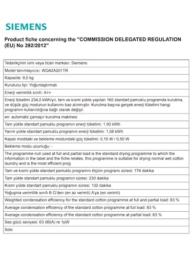 Siemens iQ300 WQ42A201TR 9 KG Isı Pompalı Kurutma Makinesi