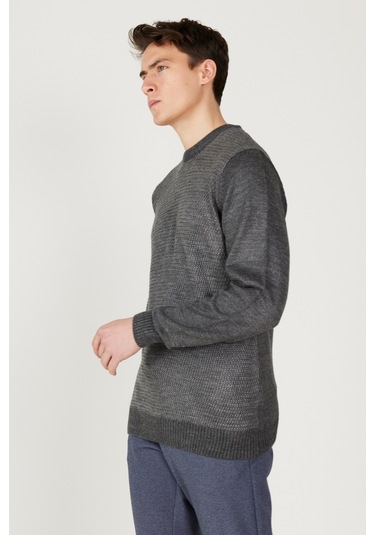 AC&Co / Altınyıldız Classics Erkek Antrasıt Grı Melanj Standart Fit Normal Kesim Bisiklet Yaka Petek Desenli Triko Gri