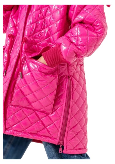 Kız Çocuk Kapitone Model Kapüşonu Çıkabilen İçi Astarlı Etek Kısmı Fermuarlı Parlak Pembe Renk Mont Pembe