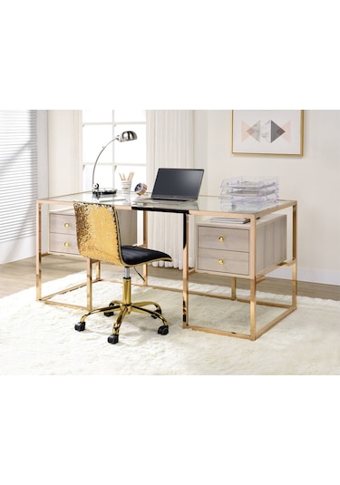 Trinity Gold Metal & Ahşap & Cam Çalışma Masası Titanyum Kaplama