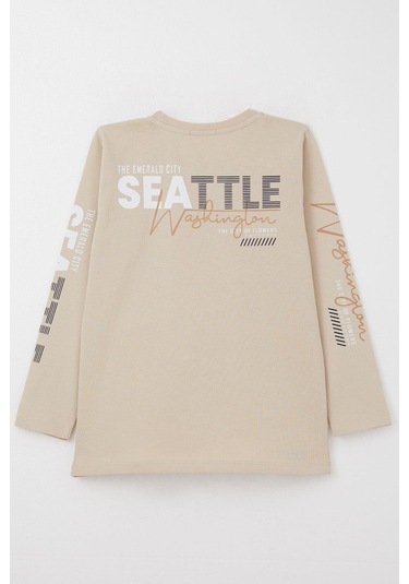 Breeze Erkek Çocuk Uzun Kollu Tişört Renkli Yazı Baskılı 6-12 Yaş, Bej Bej